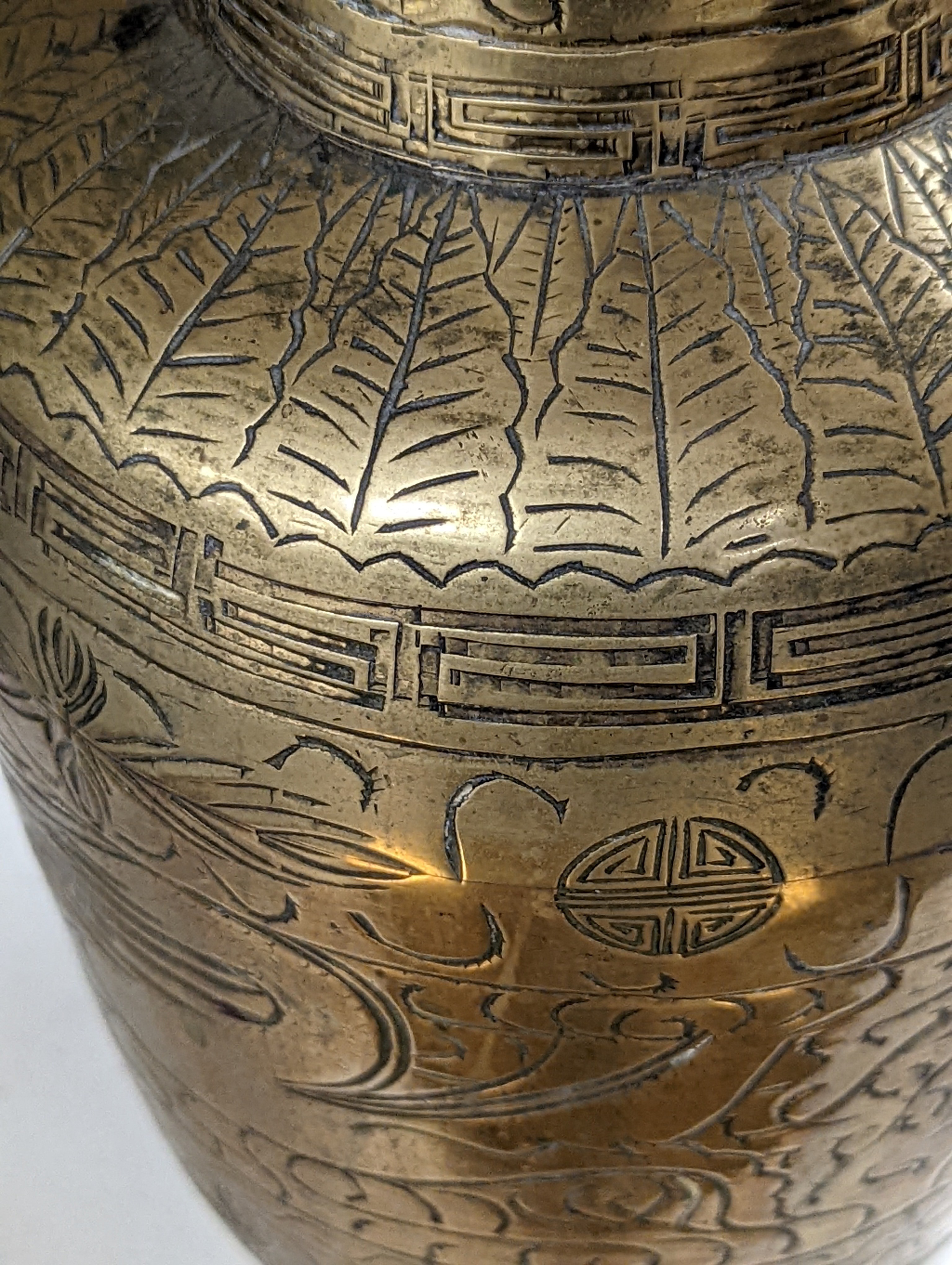 Two early 20th century Chinese bronze vases and a similar tray, 35cm diam.